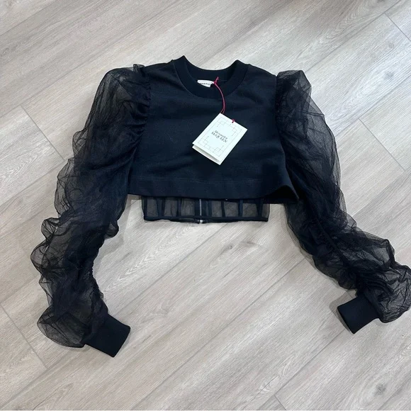 NWT ALEXANDER McQueen organic sweatshirt top tulle corset crop mesh black 40 - Picture 3 of 11